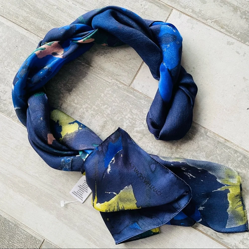 Cynthia Rowley Silk Abstract Art Nautical River Of Color Rectangular Long Scarf